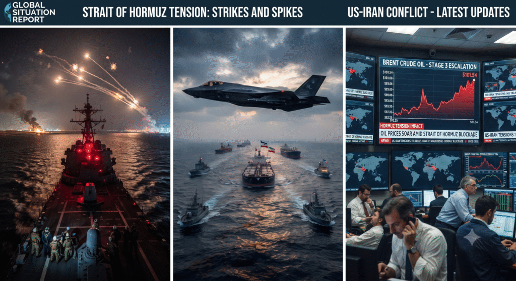 US-Iran conflict and Strait of Hormuz tension updates showing military airstrikes, naval patrols, and rising oil prices chart.