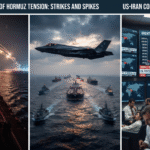 US-Iran conflict and Strait of Hormuz tension updates showing military airstrikes, naval patrols, and rising oil prices chart.