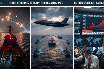 US-Iran conflict and Strait of Hormuz tension updates showing military airstrikes, naval patrols, and rising oil prices chart.