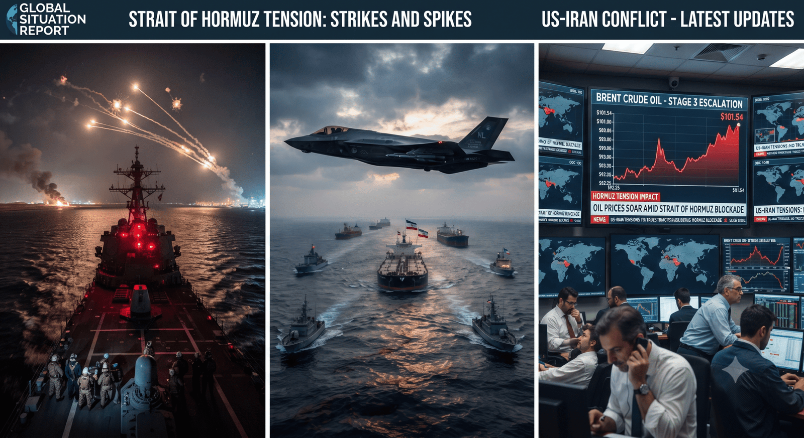 US-Iran conflict and Strait of Hormuz tension updates showing military airstrikes, naval patrols, and rising oil prices chart.